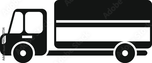 Simple black glyph icon of a delivery truck pulling a cargo trailer, symbolizing shipping, logistics, and transportation