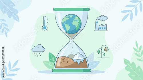 Climate change urgency concept. Hourglass with Earth running out of time. Global warming crisis. Melting ice, drought. Pollution factory, thermometer. Environmental disaster ecology vector