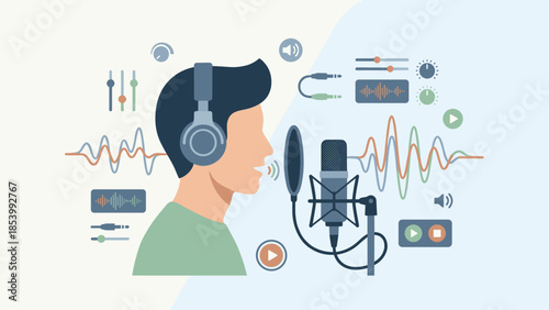 Podcast audio creation. Man speaking into microphone with headphones. Sound waves. Digital broadcasting. Radio studio. Streaming. Voice over. Talk show. Audio technology. Recording