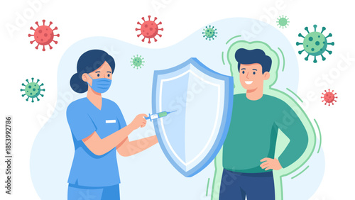 Healthcare vaccination concept. Nurse doctor holding syringe. Shield protecting man. Immunity booster. Virus protection. Medical safety. Healthy patient. Pandemic defense. Flat vector.