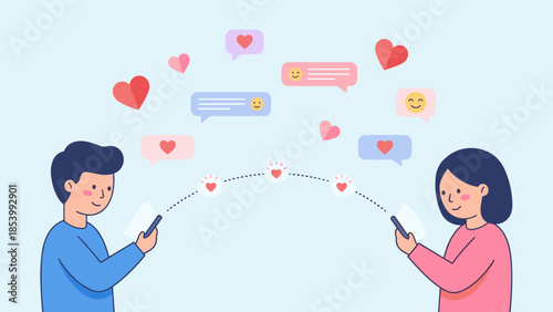 Online dating concept. Happy couple connected by smartphones. Virtual love relationship via mobile app chat. Romantic messaging with hearts. Digital romance. Long distance match.