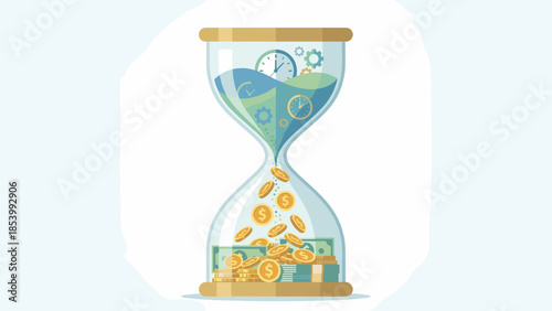 Time is money concept. Hourglass converting clock gears to gold coins and dollar cash. Business finance investment. Productivity wealth ROI profit growth. Financial success strategy.