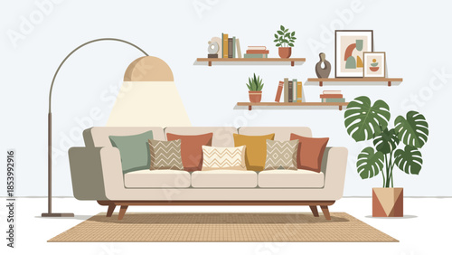 Cozy living room interior design. Modern beige sofa with colorful cushions. Flat vector furniture illustration. Floor lamp shelves and monstera plant. Home apartment decoration.