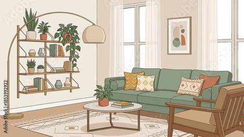 Cozy living room interior vector. Modern home apartment, green sofa, armchair, shelves. Scandinavian style furniture. Potted plants. Flat cartoon background. Relaxing lounge.