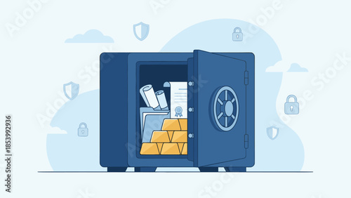 Open bank safe box with gold bars and documents. Asset protection concept. Financial security vault. Wealth storage locker. Investment safety. Banking deposit. Secure money. Flat vector
