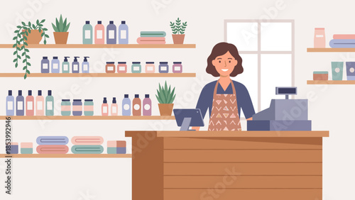 Small business owner woman behind counter. Female cashier in apron at local shop. Retail store interior with cosmetic shelves. Happy seller vector illustration. Commerce design concept.