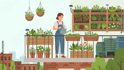 Happy woman watering plants in urban balcony garden. Sustainable city lifestyle. Vertical gardening with vegetables. Eco friendly apartment terrace. Female gardener. Horticulture.