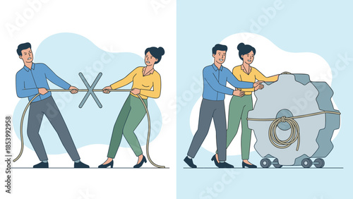 Conflict resolution business concept. From rivalry to teamwork. Man and woman pulling rope vs pushing gear together. Coworkers cooperation solution. Partnership strategy. Agreement.