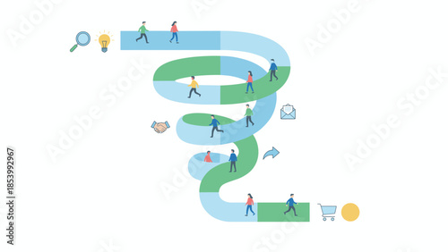 Sales funnel customer journey. Tiny people on spiral path. Marketing pipeline. Lead generation. Conversion optimization. Business workflow. Awareness to purchase. Infographic vector