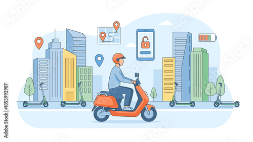 Electric scooter sharing service app concept. Man riding moped in city. Urban mobility transport. Smartphone rental application interface. Map location pins, unlock icon, battery level