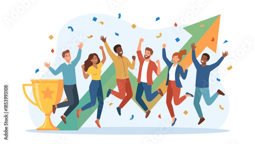 Business team celebrating success concept. Happy diverse group jumping. Gold trophy. Rising arrow. Corporate achievement. Office party winner. Victory confetti. Growth. Partnership.