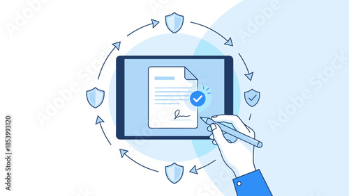 Digital signature concept. Electronic document signing. Secure contract. Hand holding pen on tablet. Verified checkmark. Protection shield. E-signature. Business deal. Privacy. Tech.