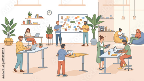 Startup office workspace with creative team. People brainstorming at whiteboard. Coworking collaboration concept. Agile business meeting. Employees on laptops. Flat vector illustration.