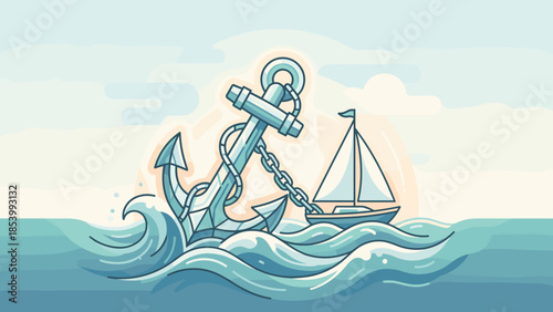 Stylized anchor holding sailboat steady in waves. Stability and security concept. Flat vector illustration. Nautical marine symbol. Strength hope safety. Sea travel adventure. Ocean water.