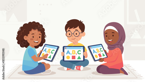 Diverse children learning with tablets. Happy multicultural kids playing educational app game. Digital literacy preschool concept. ABC shapes screen. Smart technology study. Vector