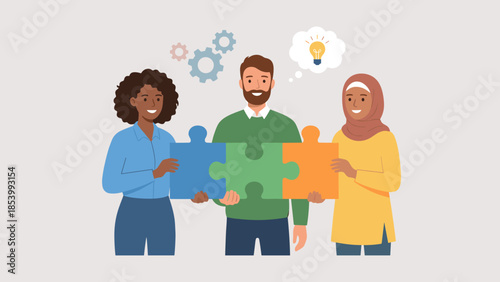 Diverse teamwork concept with three colleagues holding connected puzzle pieces, collaboration, inclusion, problem solving, creative brainstorming, unity, community support, flat vector illustration