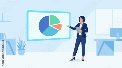 Businesswoman presenting pie chart data on screen. Corporate office meeting. Financial analysis. Growth strategy report. Statistics analytics. Flat vector illustration. Female speaker.