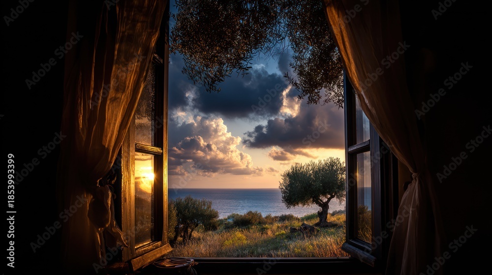 Fototapeta premium Evening view through open window with serene landscape and sky