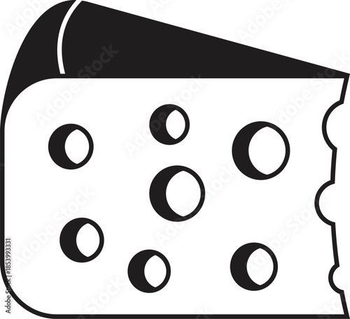 Minimalist vector illustration of a triangular wedge of swiss cheese with rind and characteristic holes, isolated on white