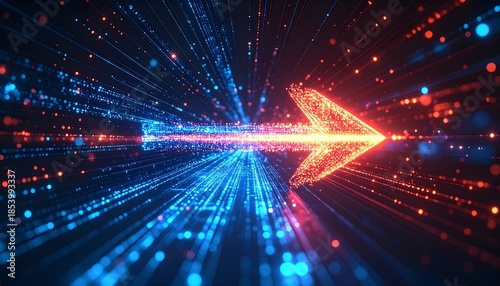 Navigating the Digital Realm: A dynamic digital arrow, radiating with vibrant blue and red hues, surges forward through a sea of data, capturing the essence of progress and innovation.