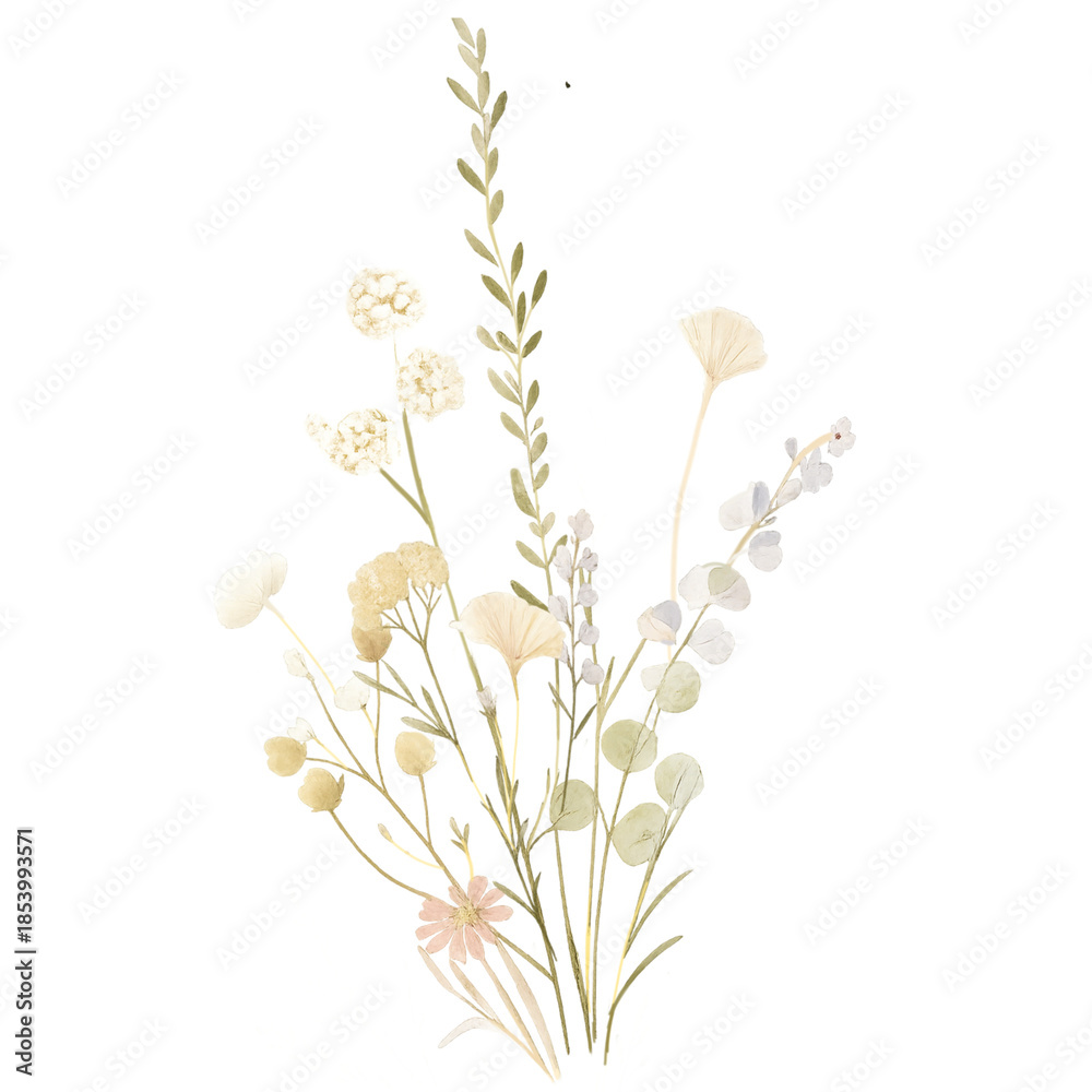 Naklejka premium Watercolor soft wild meadow flowers with creamy white blooms and airy stems on black background