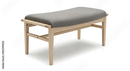 Modern wooden bench with gray cushioned seat