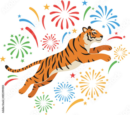 Vector illustration of a leaping tiger surrounded by colorful celebratory fireworks and stars.
