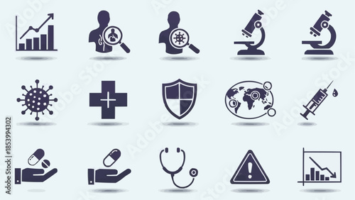 Medical Science and Healthcare Icons Collection Representing Health Research and Disease Prevention.