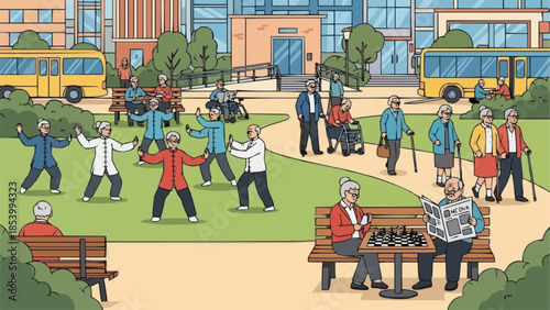 Seniors enjoying various outdoor activities in a park setting.