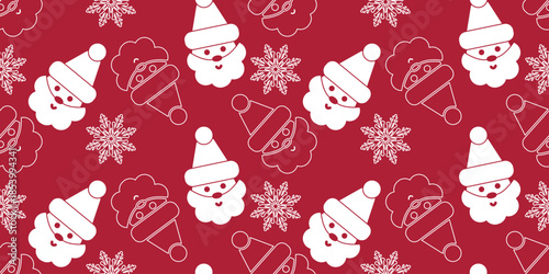 Festive seamless Christmas pattern featuring Santa Claus and snowflakes in outline and silhouette style. Ideal for holiday textiles, gift wrap and winter prints