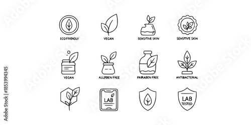Minimal Organic Cosmetic Line Icon Set Vector for Natural and Eco Friendly Skincare