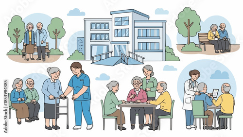 Elderly people receiving care and assistance in a modern facility.