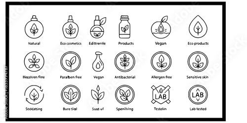 Organic Cosmetic Line Icon Set with Editable Stroke for Eco Friendly Natural Beauty Products