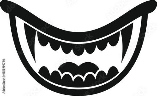 Black and white drawing of open mouth with sharp teeth and big fangs, ideal for halloween projects