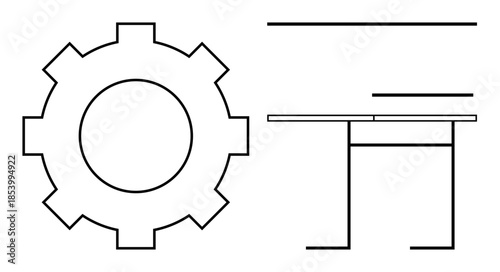 Engineering design, conceptual mechanics, workplace organization, structural design, industrial planning, productivity tools. Minimalist outline of a gear and desk. Engineering design and conceptual