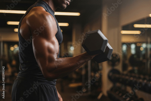 Close-up side view of a muscular black man holding a dumbbell with flexed biceps during strength training workout in a modern gym, highlighting power, fitness, and dedication.