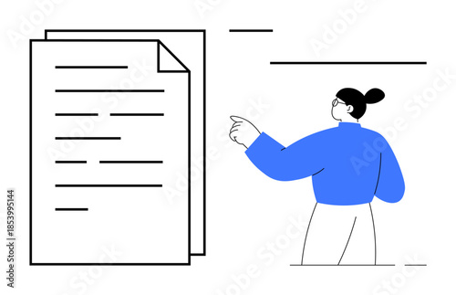 Business communication, document organization, team collaboration, workplace productivity, presentation, modern data sharing. Person pointing at a stack of documents. Business communication