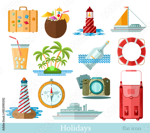Set of vacation and holidays icons in flat style. Elements isolated on white