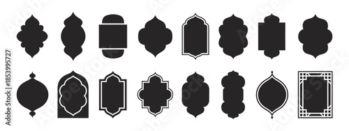 Traditional islamic window shapes in oriental style, set of black silhouette eid mubarak decorative arches, mosque borders, moroccan gates, arabian gate elements for religious design, 