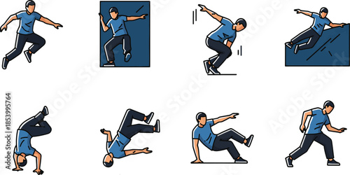 A collection of illustrations depicting a person performing various dynamic parkour and free-running movements and stunts.