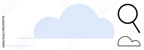 Large soft cloud with a magnifying glass highlighting a smaller cloud. Ideal for cloud computing, data analysis, digital search, exploration, technology, innovation, simple flat metaphor