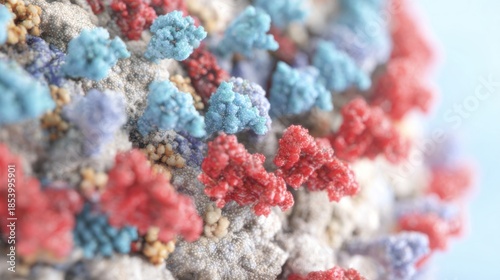 Close-up view of virus structure, highlighting spikes and surface features