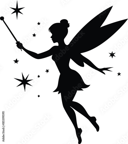 flying fairy silhouette with wand and stars fantasy illustration
