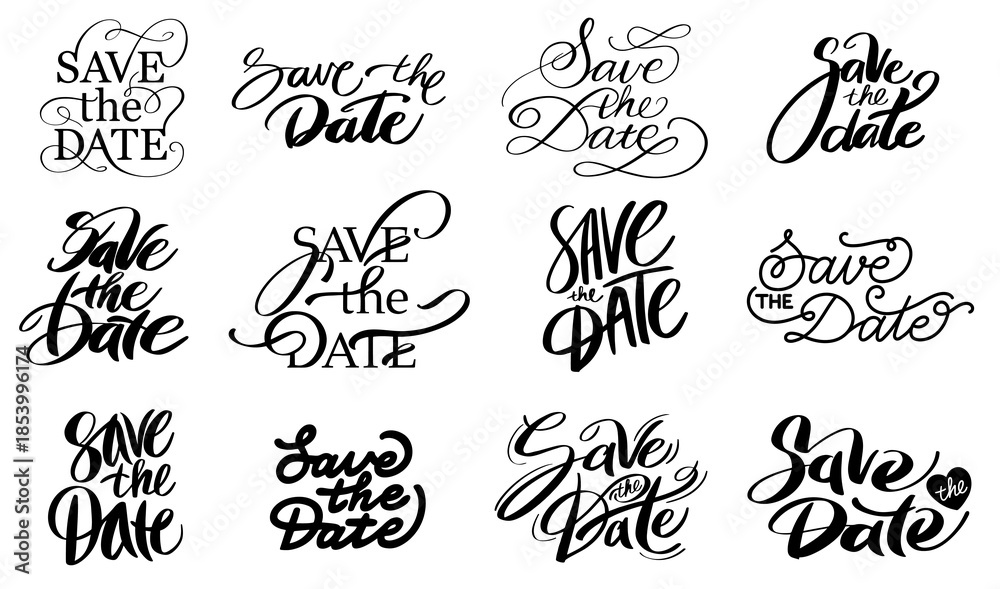 Fototapeta premium Save the Date word art for love and marriage with handwritten script or brush calligraphy. Vector graphic design for wedding invitations cards and celebration banner in retro elegant style