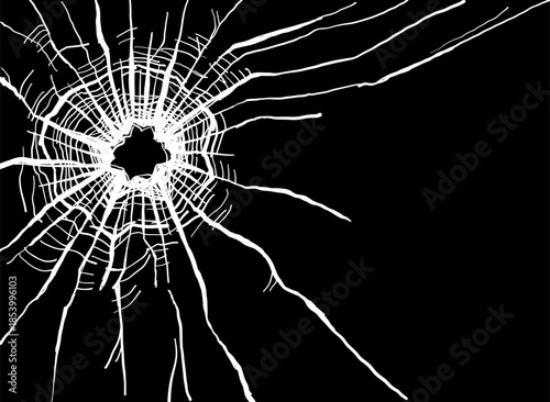 Broken glass crack with shattered window. Vandalism, crime and danger concept. Fracture and breakage on black background for hazard, accident or decorative art. Vector texture