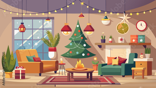 Minimal Christmas interior with neutral tones, simple decorations, soft lighting, and modern cozy home atmosphere