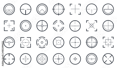 Crosshair icon. Target aim focus accuracy symbols, simple cursor pointers, black gun sight crosshair circle and square, sniper military optical scope. Vector isolated set