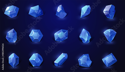 Blue gem stones. Game crystal diamond UI, cartoon shiny magic sapphire crystals, luxury blue diamonds glowing gemstone treasure game asset design. Vector diamond collection