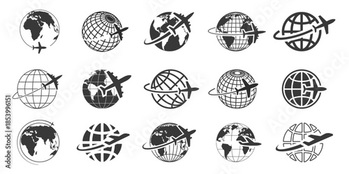 Global travel and airline logistics icons. Plane flying around Earth for worldwide flight international communication. Vector set with map, location, GPS pin. Transport, deliver globe pictogram