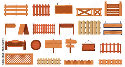 Wooden sign board. Cartoon empty wood panel arrow pointer, vintage blank timber plaque game UI elements, rustic hanging game banners. Vector isolated set